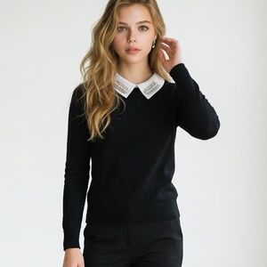 Milano Black Sweater with Embellished White Collar